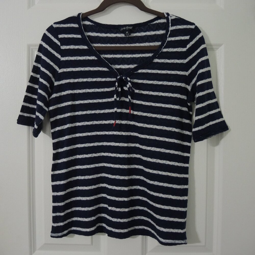 Lucky Brand Knit Top Blue & White Sailor Stripes V-Neck Size Medium